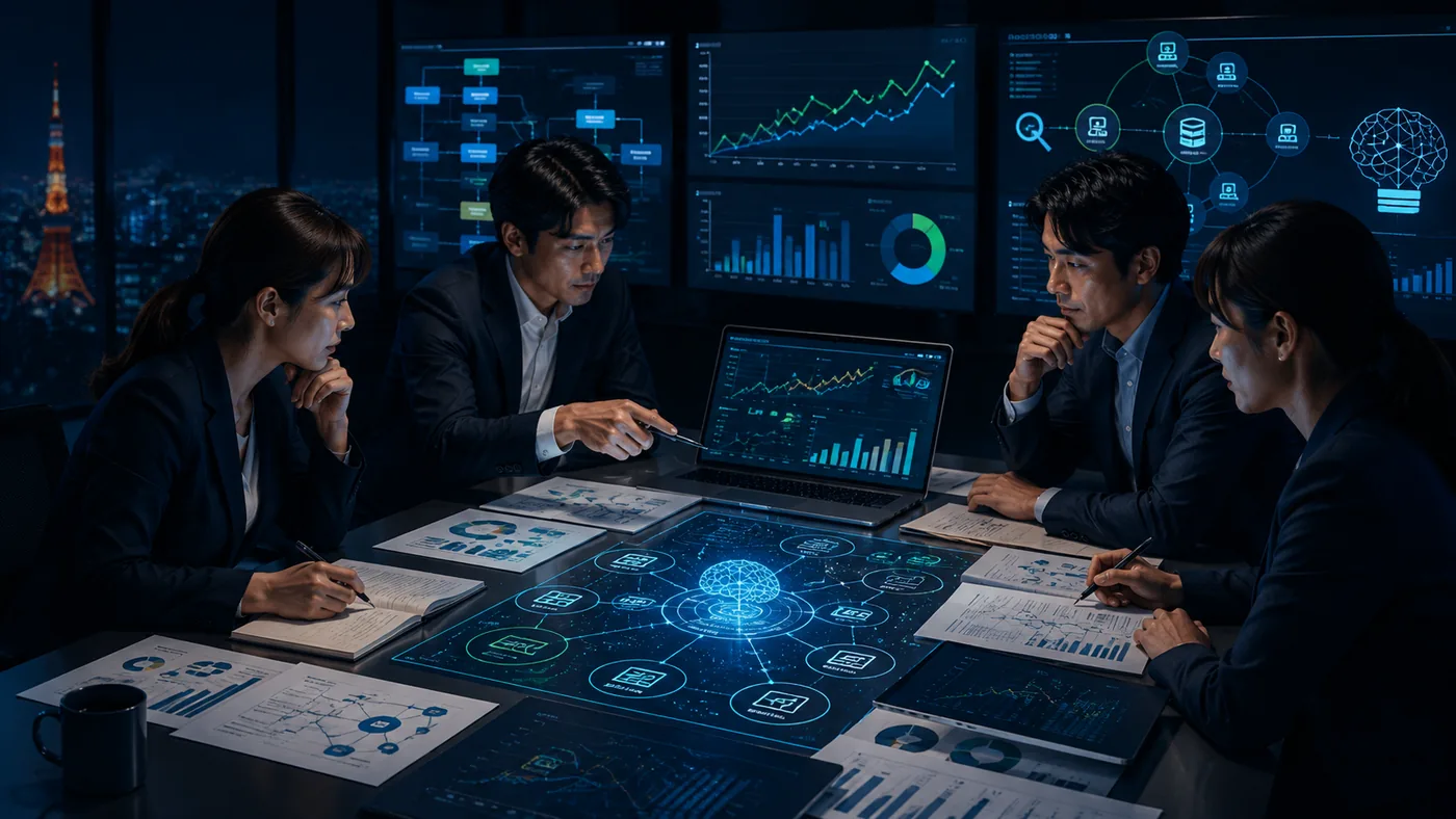 Team reviewing search visibility, analytics, and AI discovery signals